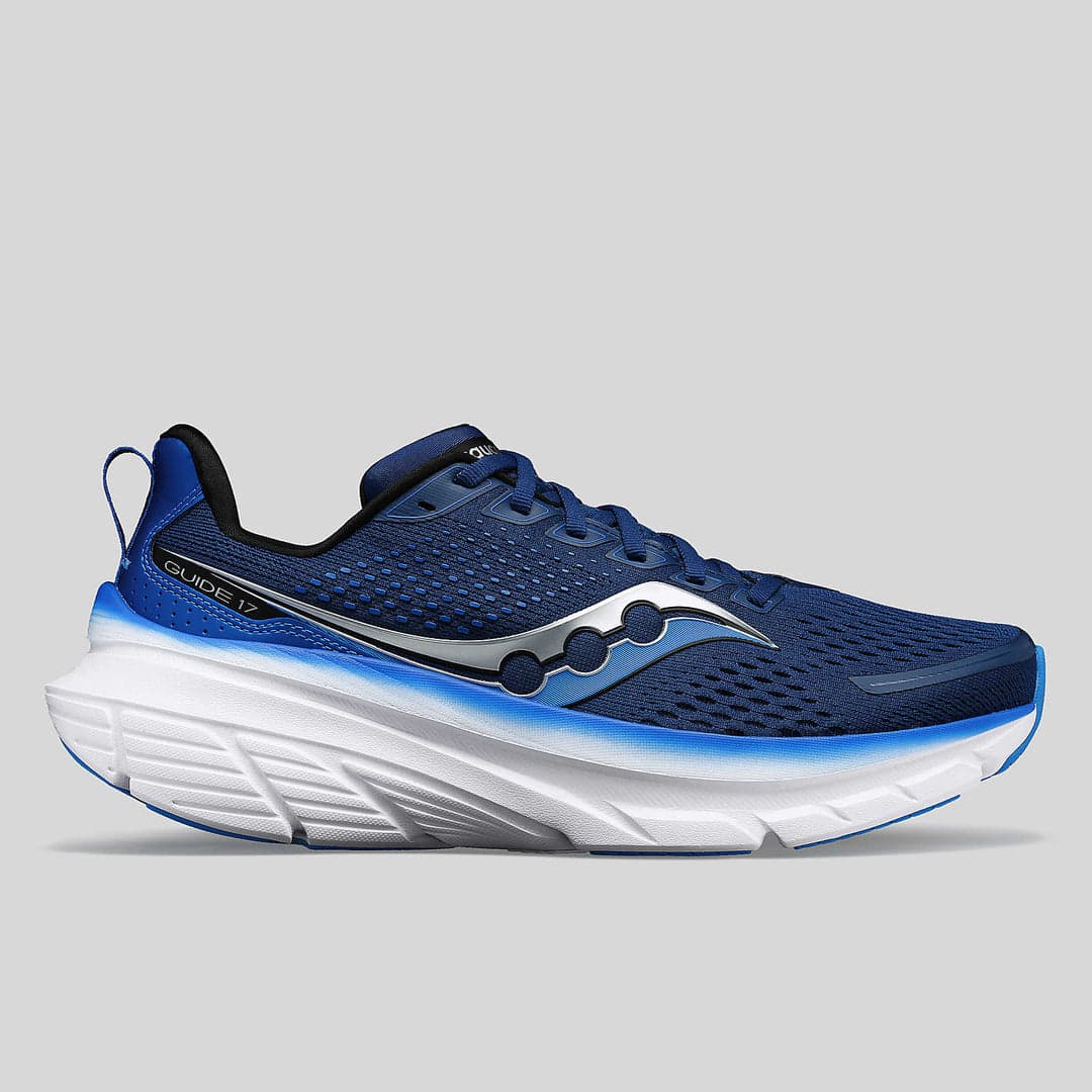 Saucony Guide 17, men's shoe in navy and cobalt, side profile